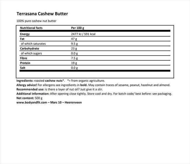 Cashew Pasta – Terrasana Nutritional Information 1